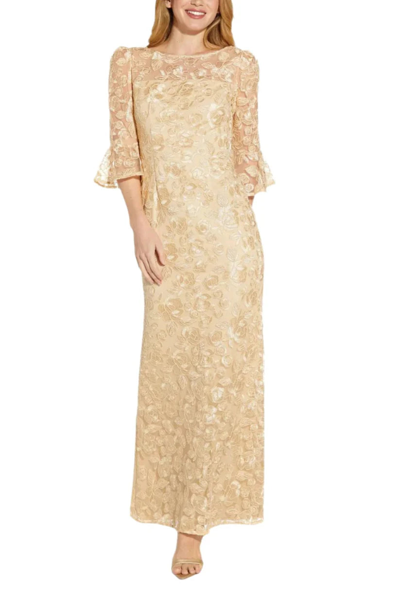Adrianna Papell Boat Neck Back Zipper 3/4 Bell Sleeves Embroidered Gown