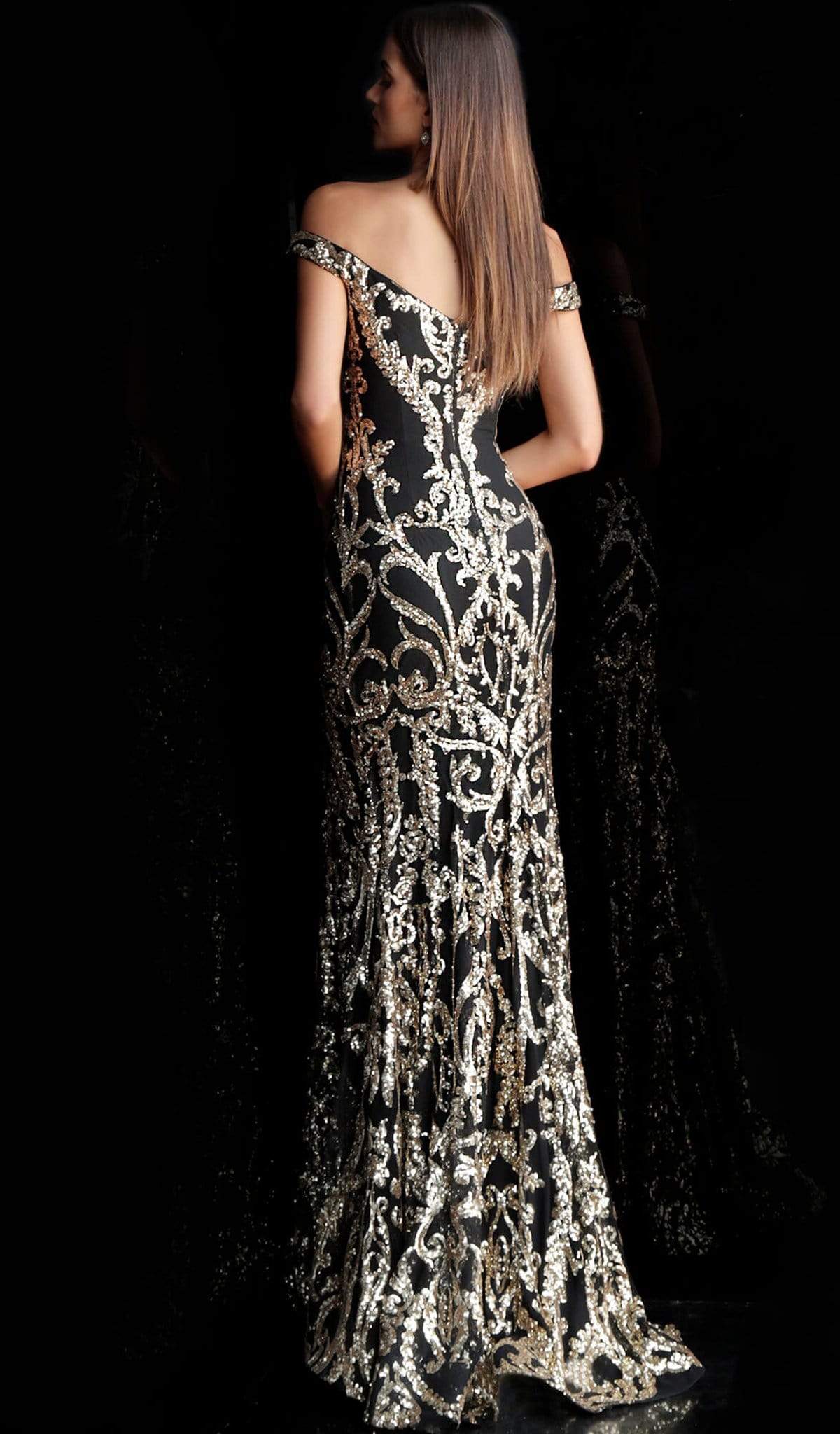 *SALE* LOW STOCK ALERT* Jovani 63349 Elaborate Metallic Sequined Off Shoulder Gown