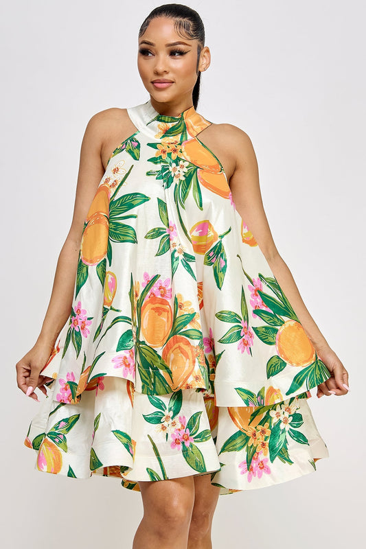 PLUS-Halter Neck Sleeveless Ruffle Dress