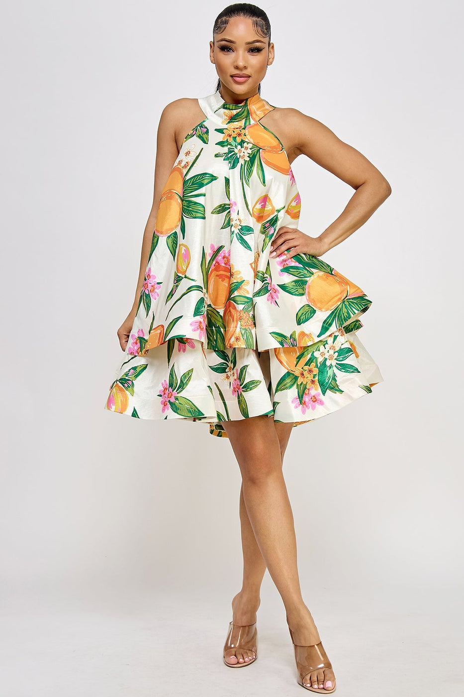 PLUS-Halter Neck Sleeveless Ruffle Dress