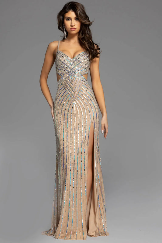 Jovani Beaded Gown With Side Cutouts And Geometric Embellishments 40060