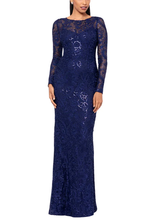 Betsy and Adam Cecelia Bateau Neckline Long Sleeves Intricate Lace Overlay Gown