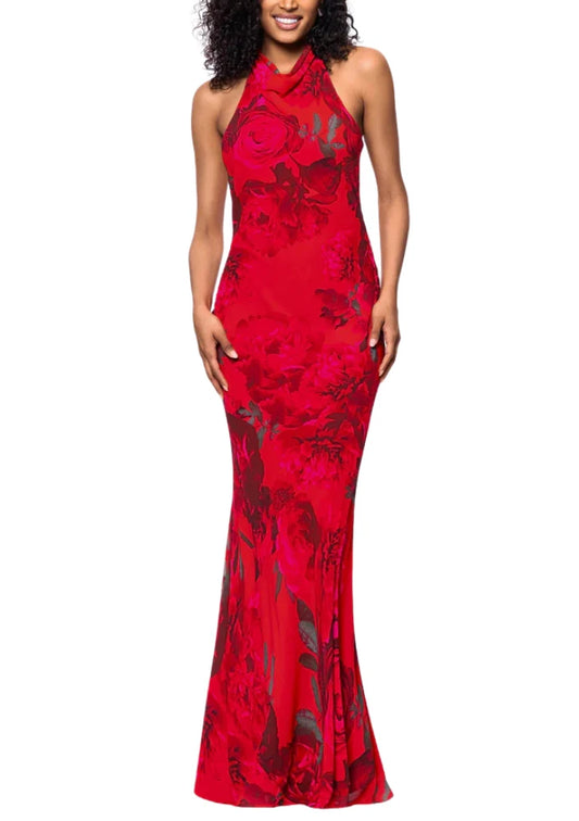 Betsy and Adam Floral Print Carly Halter Back Tie Neckline Dress