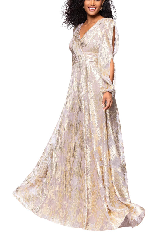 Betsy and Adam Marla Deep V-Neckline Long Billowy Cutout Sleeves Back Zipper Wrap-Style Bodice Gown