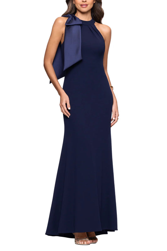 Betsy and Adam Laney Sleeveless Shoulder Bow Detail Back Sheath Gown