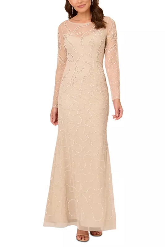 Adrianna Papell Women Beaded Long-Sleeve Gown