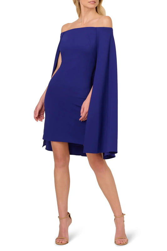 Adrianna Papell Off Shoulder Cape Sheath Crepe Dress