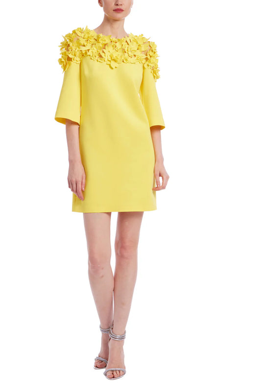 Badgley Mischka Flower Across Shoulder Elbow-Length Sleeves  Dress