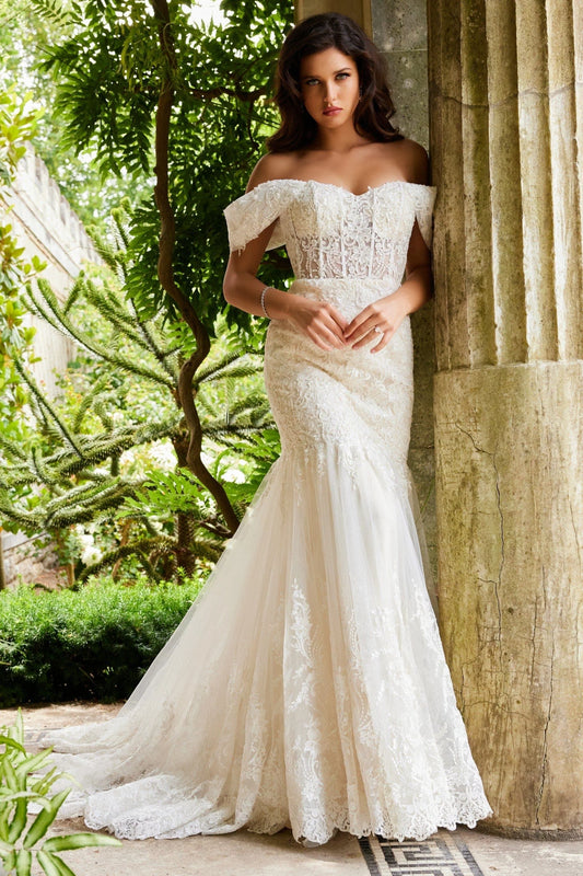 Jovani JB07161 - Elegant Off-Shoulder Corset Wedding Gown