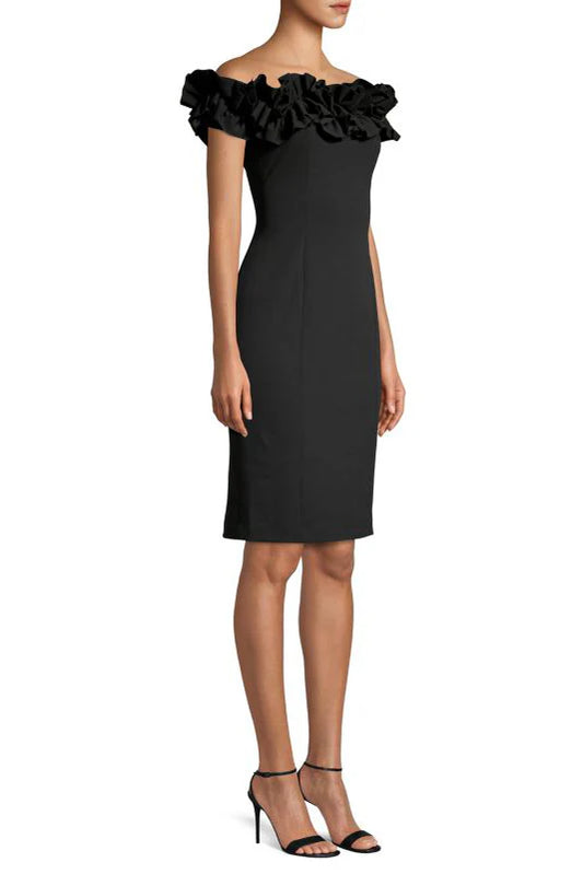 Aidan Mattox Crepe Floral Trim Neckline Stretch Floral Off-the-Shoulder Sheath Dress