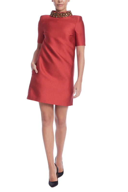 Badgley Mischka High Embellished Beaded Neckline Short Sleeves Above the Knee Shift Silhouette Dress