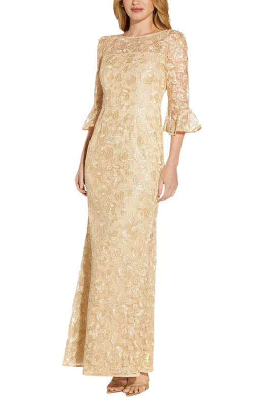 Adrianna Papell Boat Neck Back Zipper 3/4 Bell Sleeves Embroidered Gown
