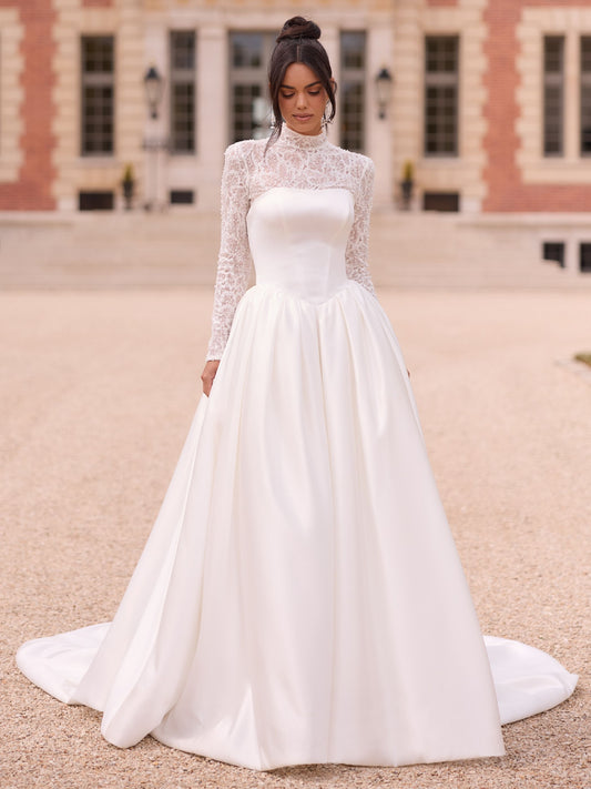 Long Sleeves Mikado Satin Ball Bridal Gown
