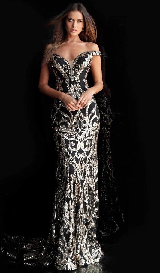 *SALE* LOW STOCK ALERT* Jovani 63349 Elaborate Metallic Sequined Off Shoulder Gown