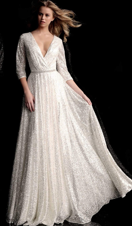 *Jovani 64018 - Quarter Sleeve Draped Surplice A-Line Wedding Gown LOW STOCK ALERT